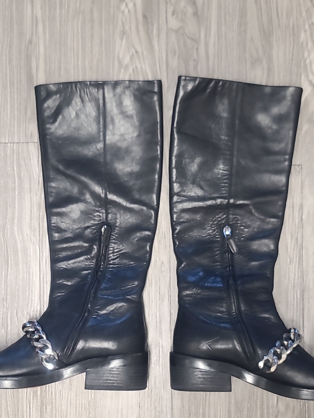 Givenchy Black Leather Chain & Zipper Knee High Riding Boots Women EU 37 US 6 - Picture 11 of 13